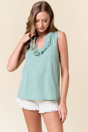Ruffled Split V-Neck