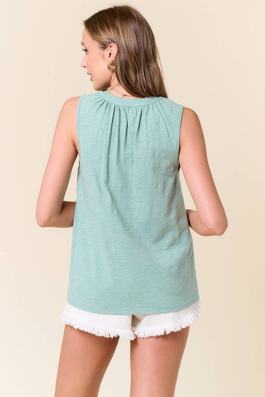 Ruffled Split V-Neck