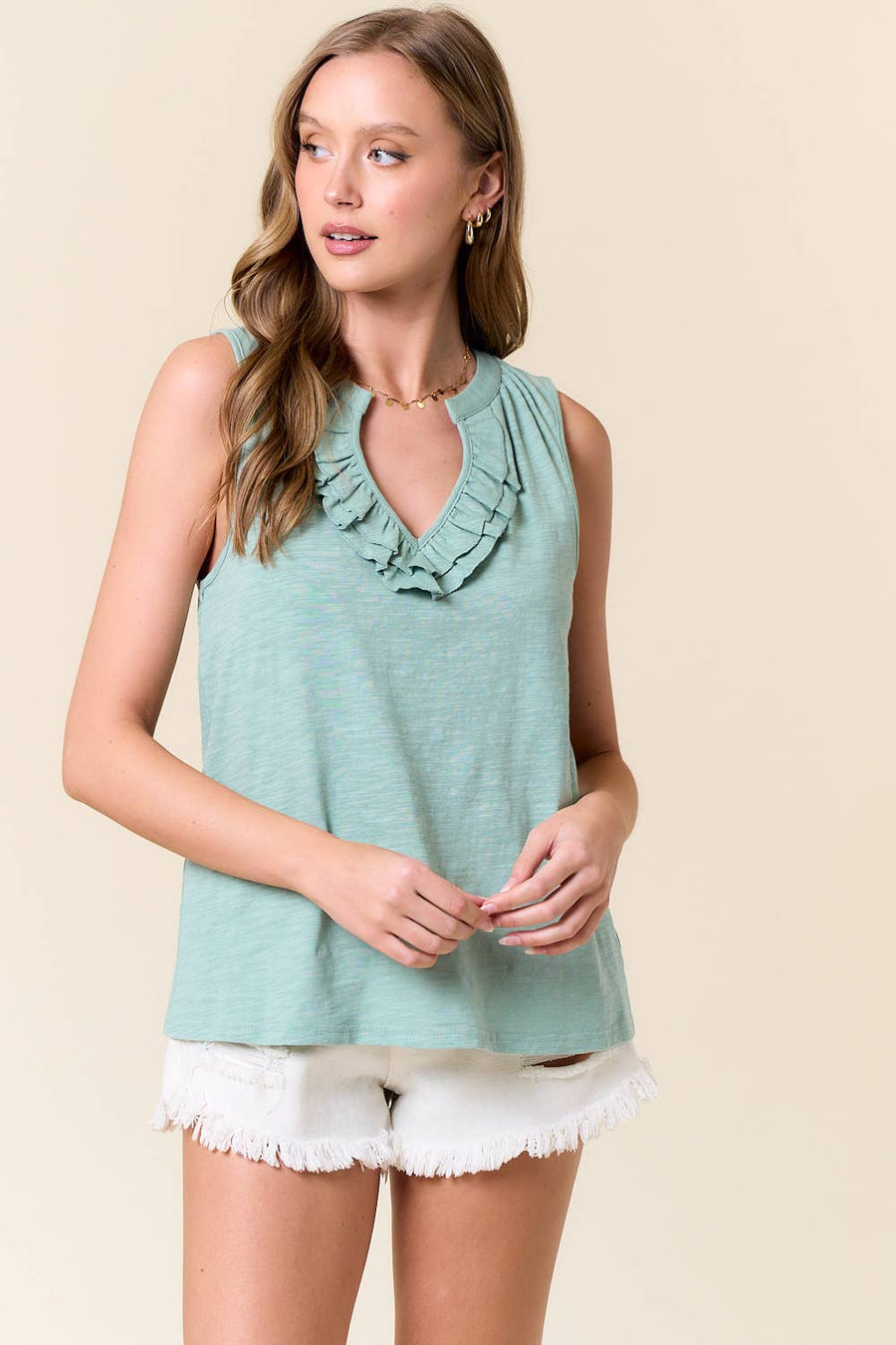 Ruffled Split V-Neck