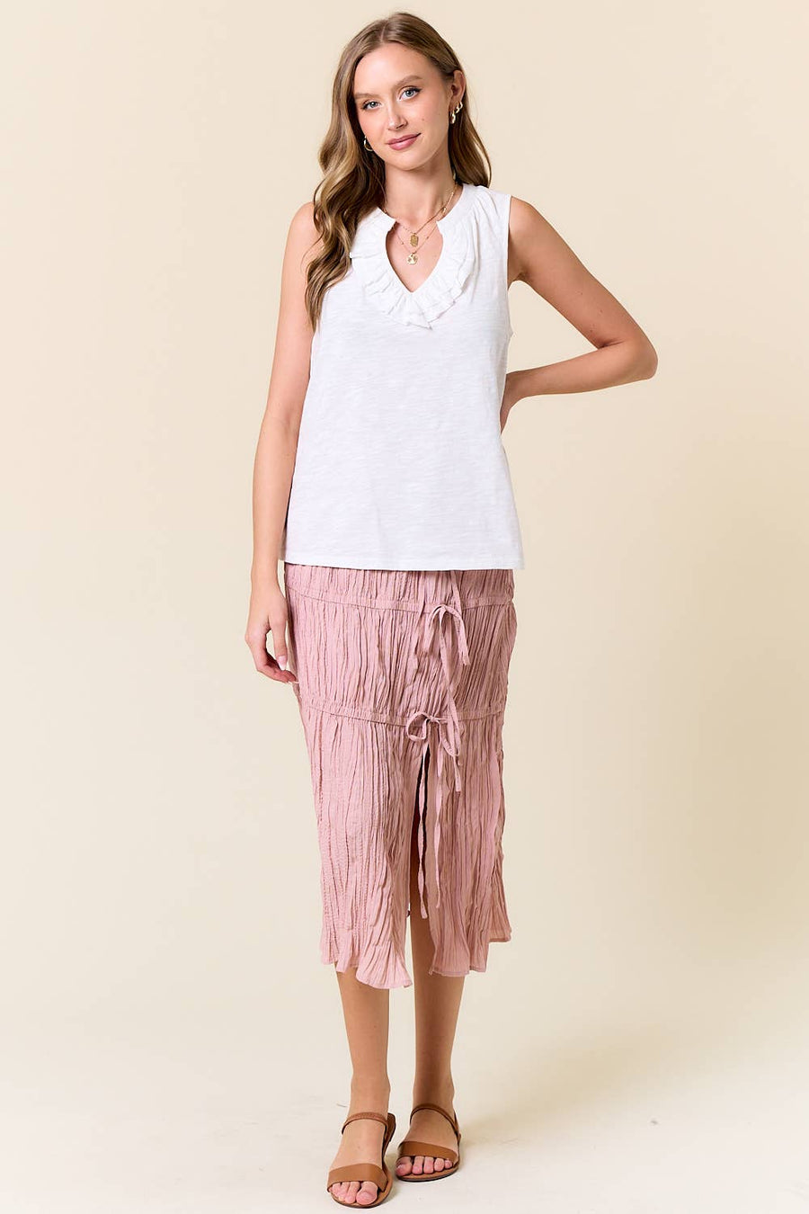 Ruffled Split V-Neck